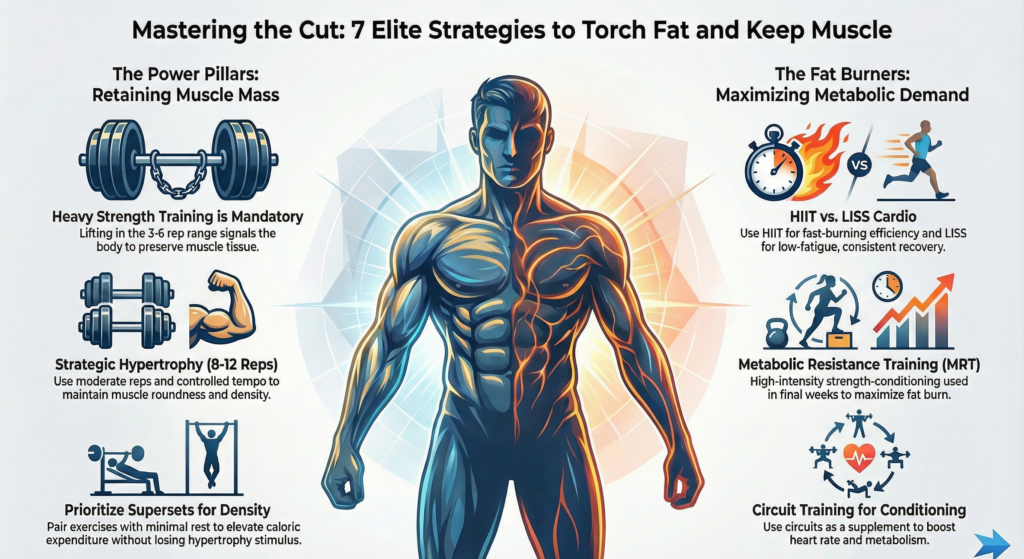 Infographic showing a muscular male physique split into cool and warm tones, illustrating seven cutting-phase training strategies including heavy strength training, hypertrophy, supersets, HIIT, LISS cardio, metabolic resistance training, and circuit training.