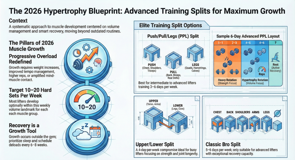 Infographic explaining the 2026 hypertrophy blueprint, showing advanced bodybuilding training splits including Push Pull Legs, Upper Lower split, and Classic Bro Split, with key muscle growth principles like progressive overload, 10–20 weekly hard sets, and recovery-based programming.