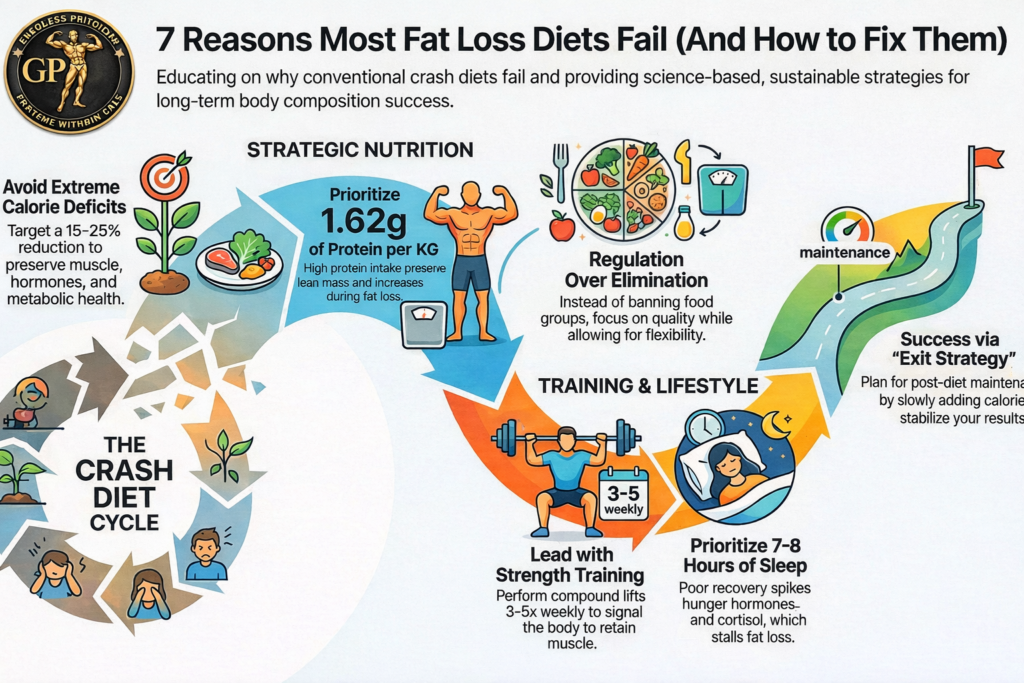 Infographic explaining why most fat loss diets fail and how to fix them using science-based strategies like moderate calorie deficits, high protein intake, strength training, proper sleep, and a long-term maintenance plan.