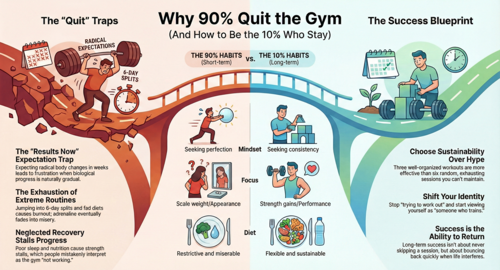 Illustrated infographic explaining why 90 percent of people quit the gym, highlighting common quit traps like unrealistic expectations, extreme routines, poor recovery, and showing the long-term success blueprint based on consistency, sustainable workouts, flexible dieting, and identity shift.