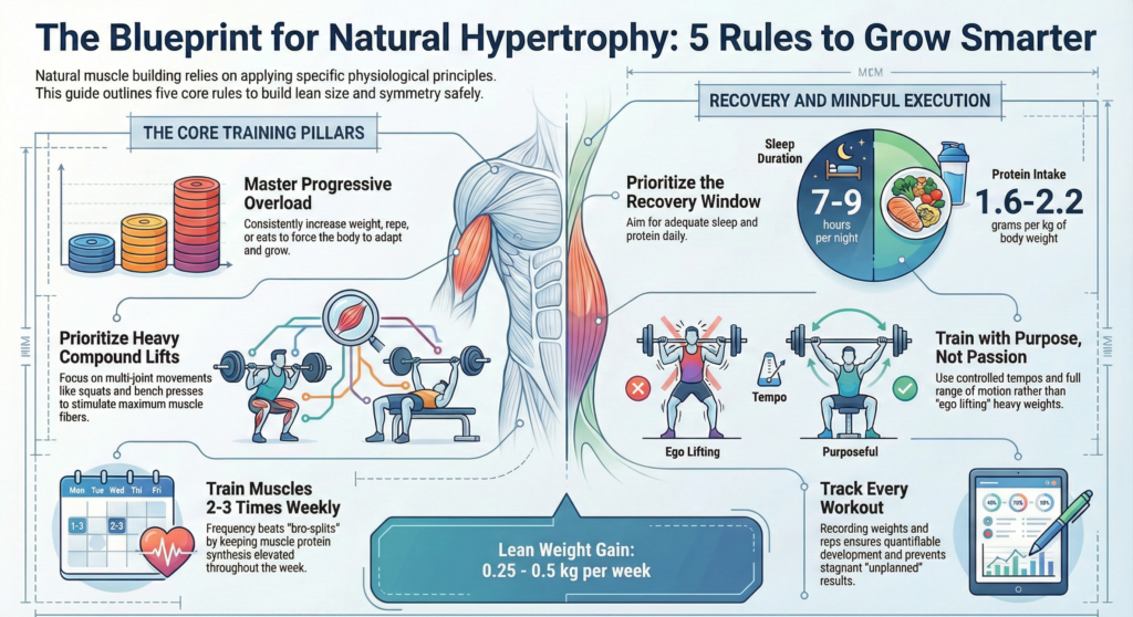 Infographic showing the blueprint for natural hypertrophy with five rules: progressive overload, heavy compound lifts, training 2–3 times weekly, recovery and protein intake, and purposeful training for lean muscle growth. 5 proven ways to build muscle faster & smarter.