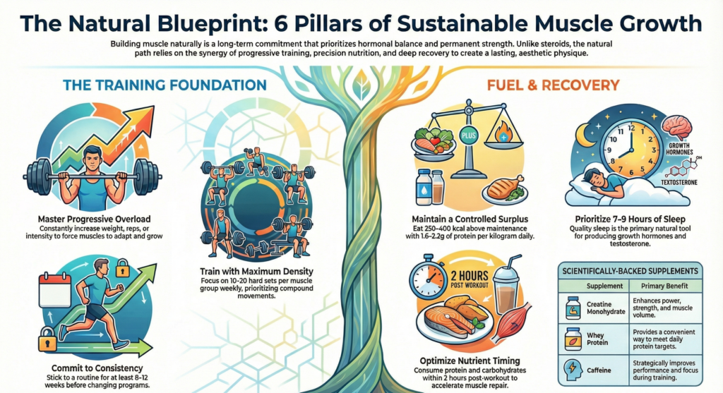 Infographic showing six pillars of natural muscle growth including progressive overload, optimal training volume, calorie surplus, nutrient timing, sleep, and scientifically backed supplements like creatine and whey protein. gain muscle without steroids.