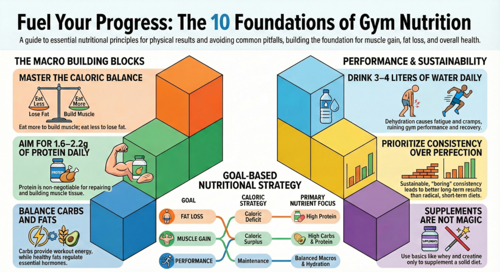 Infographic explaining the 10 foundations of gym nutrition, including calorie balance, protein intake, carbs and fats, hydration, consistency, and goal-based nutrition for muscle gain and fat loss.