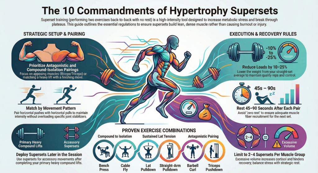 Infographic explaining the 10 commandments of hypertrophy supersets, including exercise pairing strategies, load reduction guidelines, rest periods, volume control, and proven superset combinations for effective muscle growth