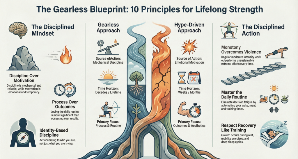 Infographic comparing the gearless discipline-based fitness approach with hype-driven training, highlighting mindset, consistency, daily routine, recovery, and long-term strength development.