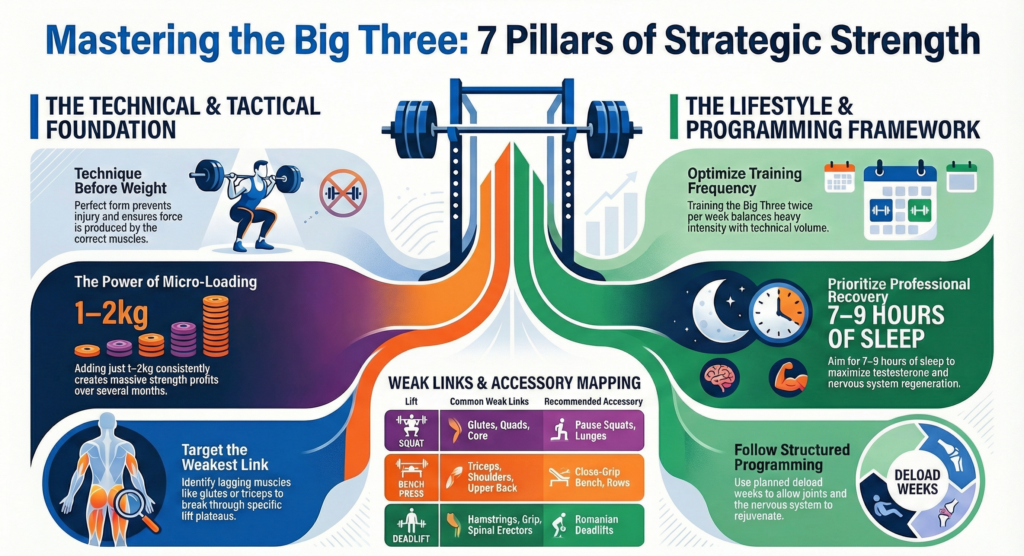 Infographic showing the 7 pillars of strength training to improve squat, bench press, and deadlift, including technique, micro-loading, weak link training, recovery, training frequency, and structured programming.