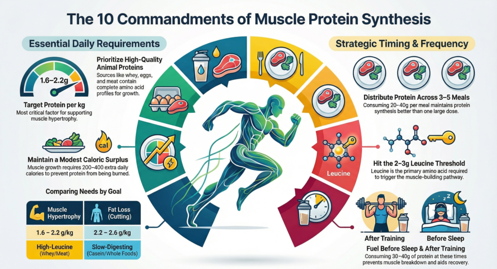 Infographic illustrating the 10 commandments of muscle protein synthesis, including daily protein intake of 1.6–2.2 g per kg, high-quality protein sources, caloric surplus, leucine threshold, protein distribution across meals, post-workout and pre-sleep protein timing for muscle growth. protein guidelines
