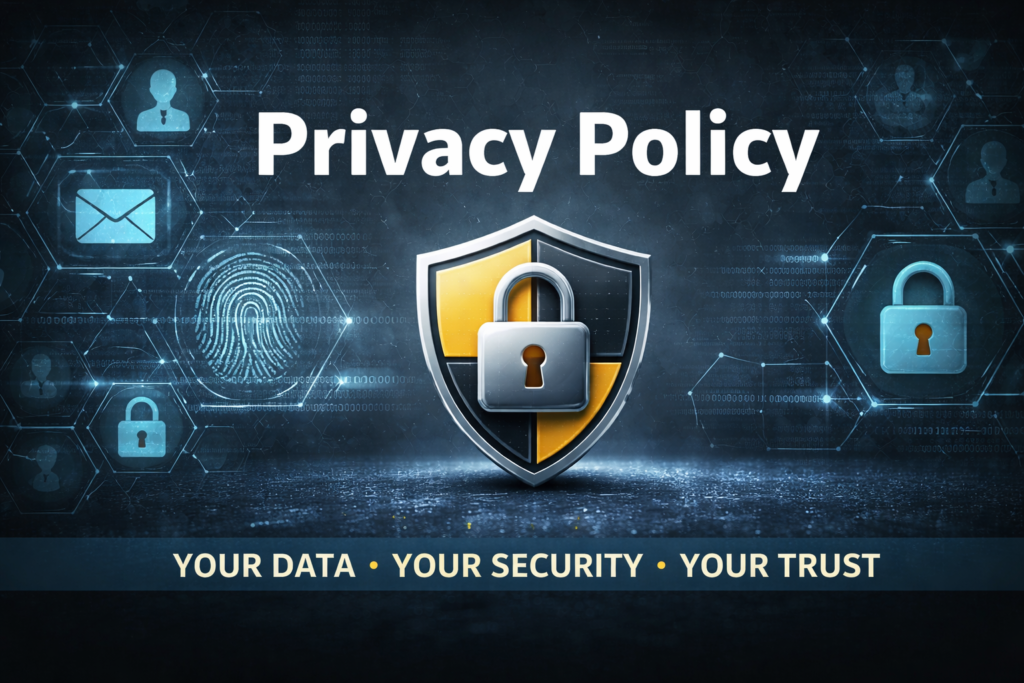 Privacy Policy banner with secure lock shield, fingerprint security icons, and text "Your Data • Your Security • Your Trust"