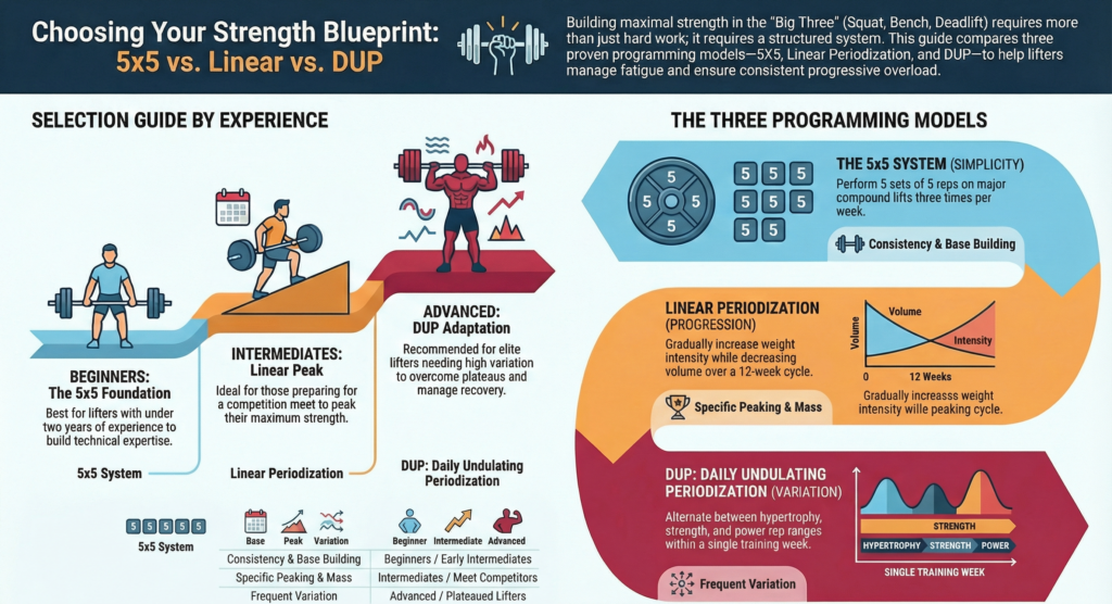 Infographic comparing 5x5, Linear Periodization, and Daily Undulating Periodization (DUP) powerlifting programs for beginners, intermediates, and advanced lifters.5x5 vs linear vs DUP