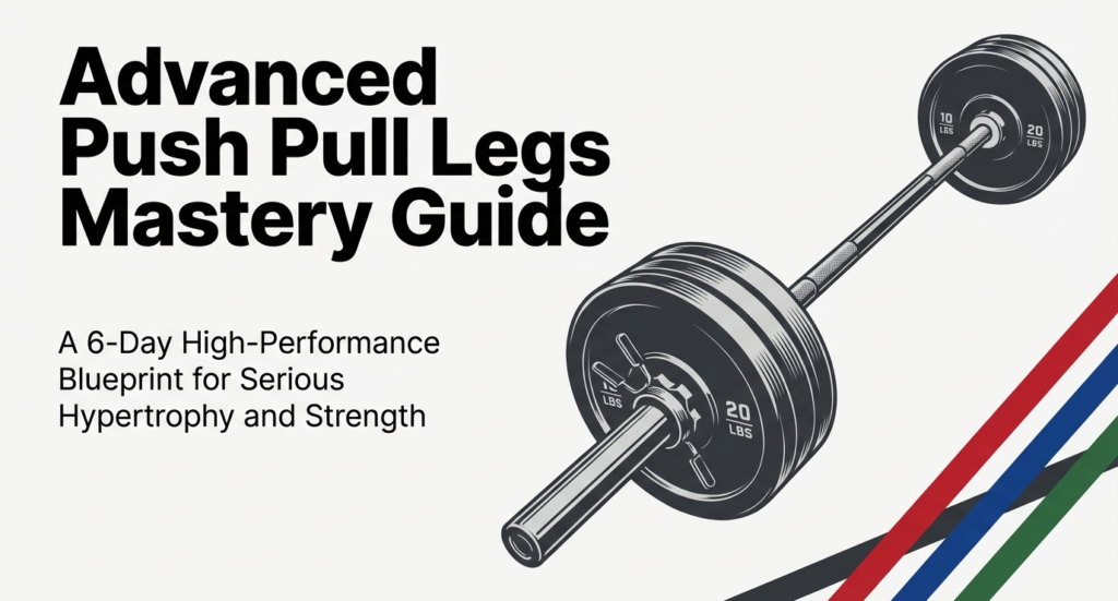 Advanced Push Pull Legs mastery guide banner showing a barbell and text describing a 6 day PPL workout program for hypertrophy and strength