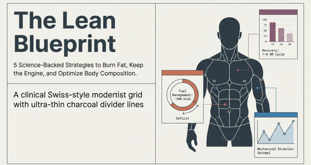 Infographic showing the lean blueprint for fat loss including calorie deficit management, strength training stimulus, and recovery strategies to maintain muscle mass.