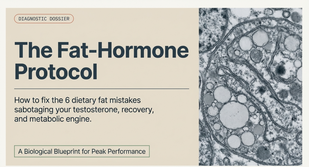Infographic introducing the fat hormone protocol explaining how correcting six dietary fat mistakes can improve testosterone, recovery, and metabolism.