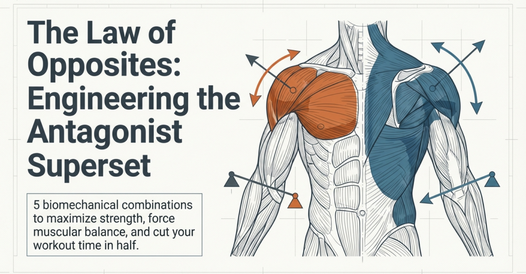 Illustration showing opposing muscle groups of the upper body highlighting chest and back muscles to explain antagonist supersets and balanced training mechanics.