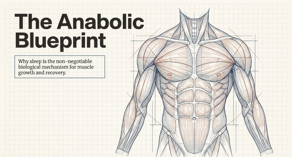 Anatomy diagram showing muscular system with title “The Anabolic Blueprint” explaining why sleep is essential for muscle recovery and growth. sleep for muscle growth, muscle growth and sleep, why sleep is important for muscle growth, testosterone and sleep muscle gain.