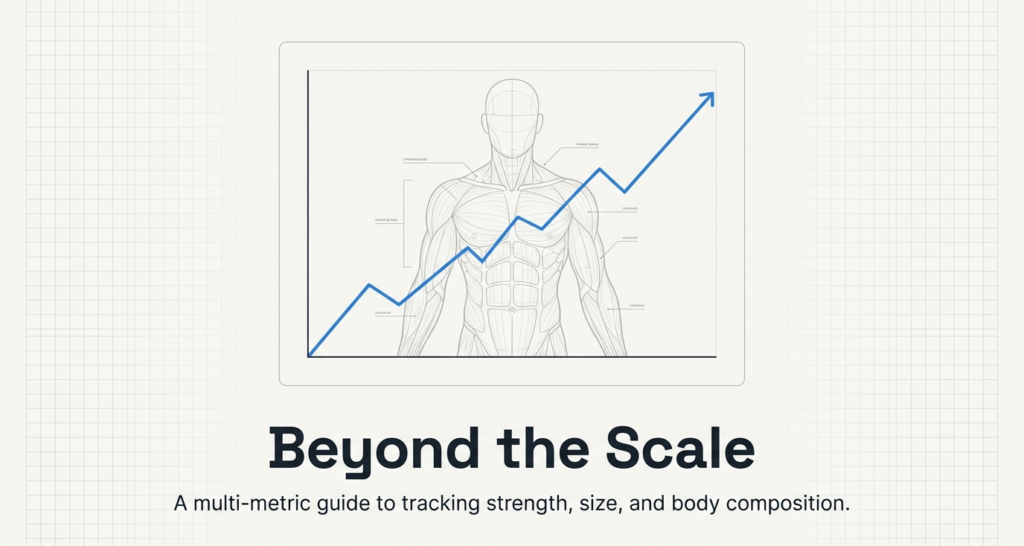 fitness progress tracking graph with muscle anatomy illustration showing strength and body composition improvements