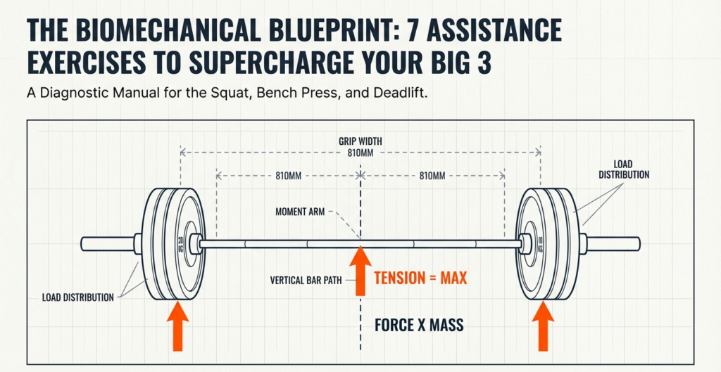 Diagram showing biomechanical blueprint of barbell with force distribution and tension for squat bench and deadlift