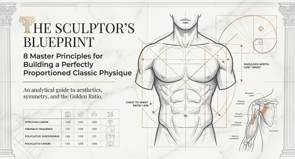 Illustration showing golden ratio proportions for classic physique including chest to waist ratio and shoulder width
