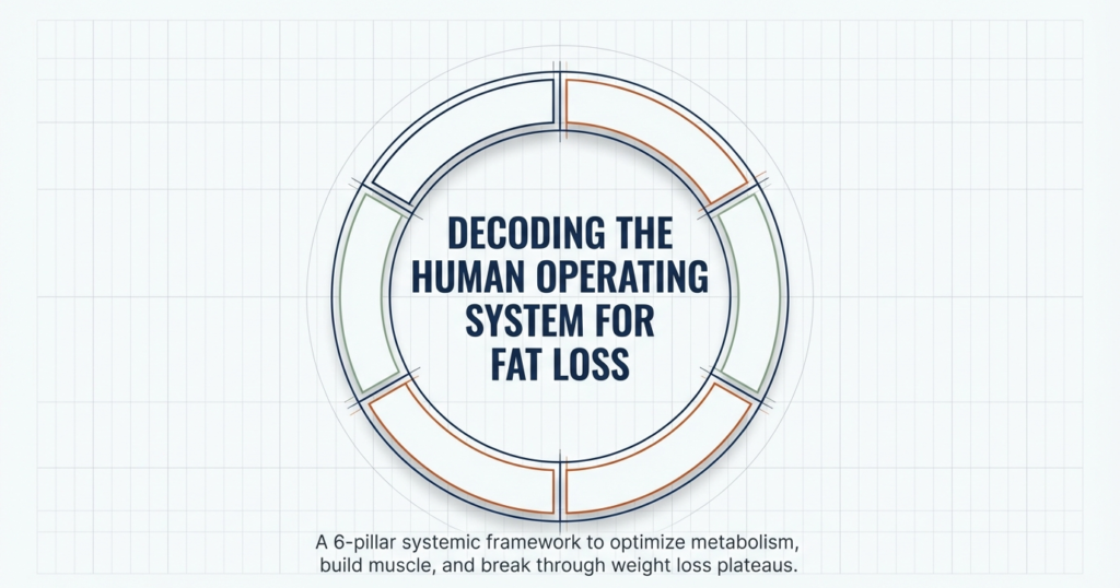 diagram showing 6 factor fat loss system including metabolism, muscle, hormones, activity, calorie deficit and consistency. 6 Fat loss secrets.