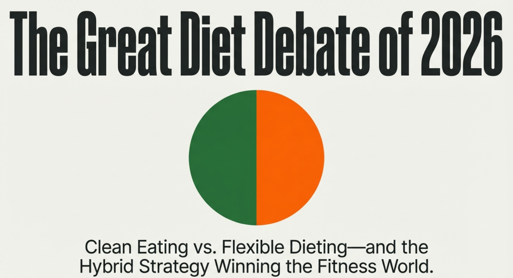 Clean eating vs flexible dieting comparison showing 2026 fitness debate and hybrid strategy concept