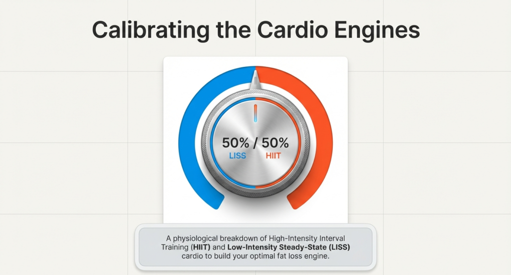 HIIT vs LISS 50-50 balance dial illustrating optimal fat loss cardio strategy