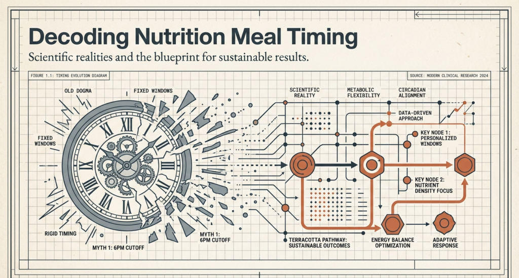 Scientific diagram explaining meal timing myths vs reality and sustainable nutrition strategy