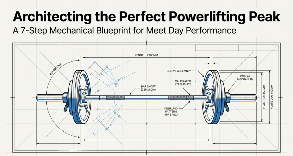 Detailed barbell blueprint illustrating the concept of a powerlifting peaking program