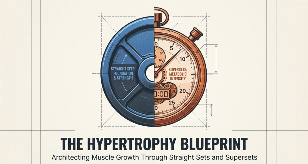 Illustration comparing supersets and straight sets for muscle growth showing hypertrophy blueprint concept, supersets vs straight sets, muscle growth strategies, how to use supersets and straight sets together, Supersets vs Straight Sets for Muscle Growth.