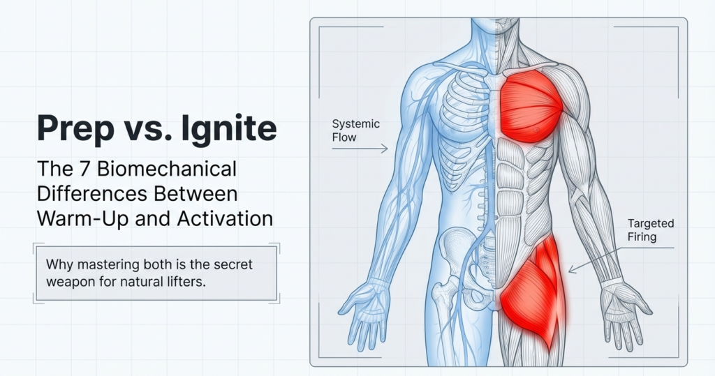 Warm-up vs activation diagram showing systemic flow vs targeted muscle activation