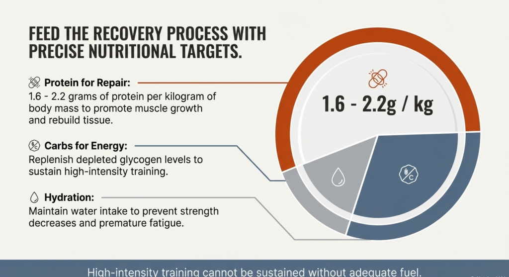 Nutrition infographic showing optimal protein intake of 1.6 to 2.2 grams per kilogram along with carbohydrates and hydration for recovery.