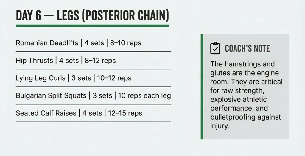 Day 6 leg workout targeting hamstrings and glutes with Romanian deadlifts hip thrusts leg curls Bulgarian split squats and calf raises