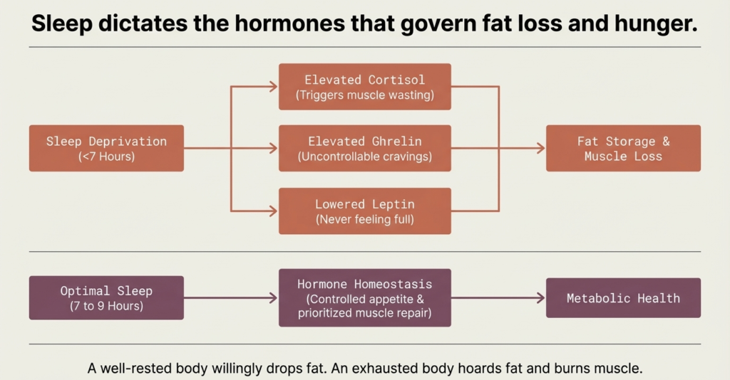 Diagram explaining how sleep affects cortisol, ghrelin, and leptin levels which influence fat storage and muscle loss.