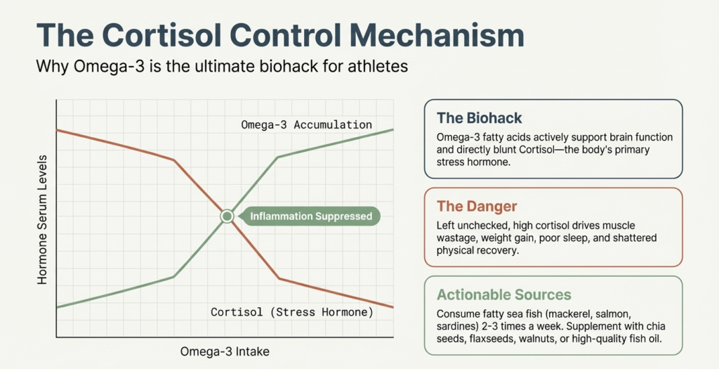 Diagram showing how omega-3 fatty acids reduce cortisol levels, improve recovery, and support athletic performance.