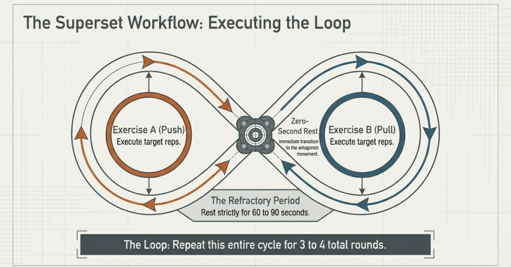 Workout flow chart explaining the antagonist superset sequence with push exercise, pull exercise, minimal rest, and repeated training cycles.