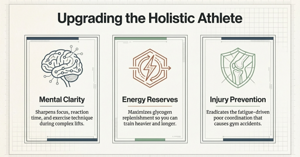 Infographic showing benefits of proper sleep including mental clarity, energy reserves, and injury prevention for athletes.