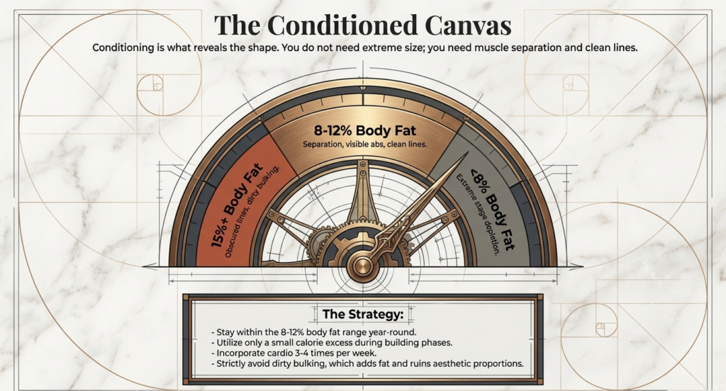 Chart showing 8-12 percent body fat range for optimal muscle definition and aesthetics