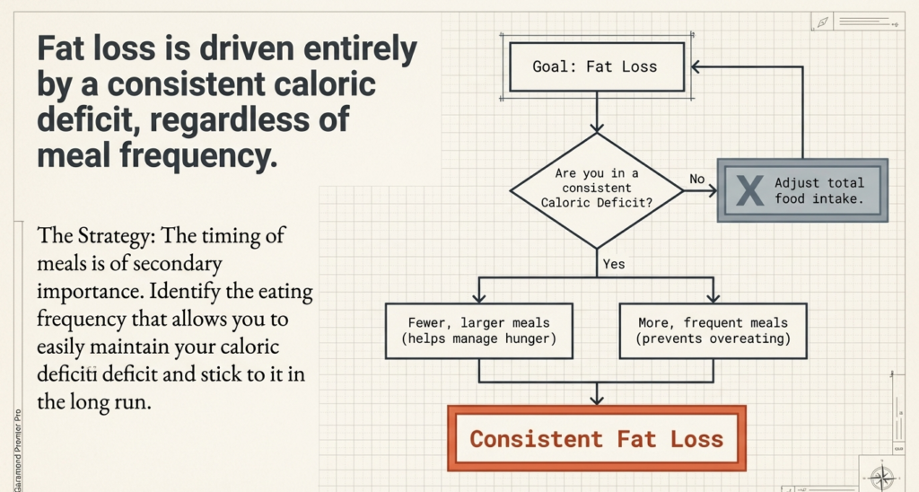 Flowchart showing calorie deficit as key driver of fat loss regardless of meal frequency
