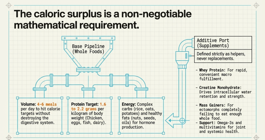 nutrition plan showing protein intake meals supplements for muscle gain in hard gainers