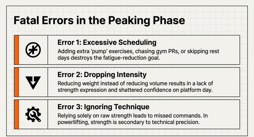 List of errors like overtraining, dropping intensity, and ignoring technique