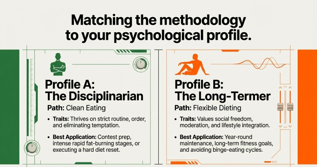 Two profiles showing disciplined clean eater vs flexible long-term dieter