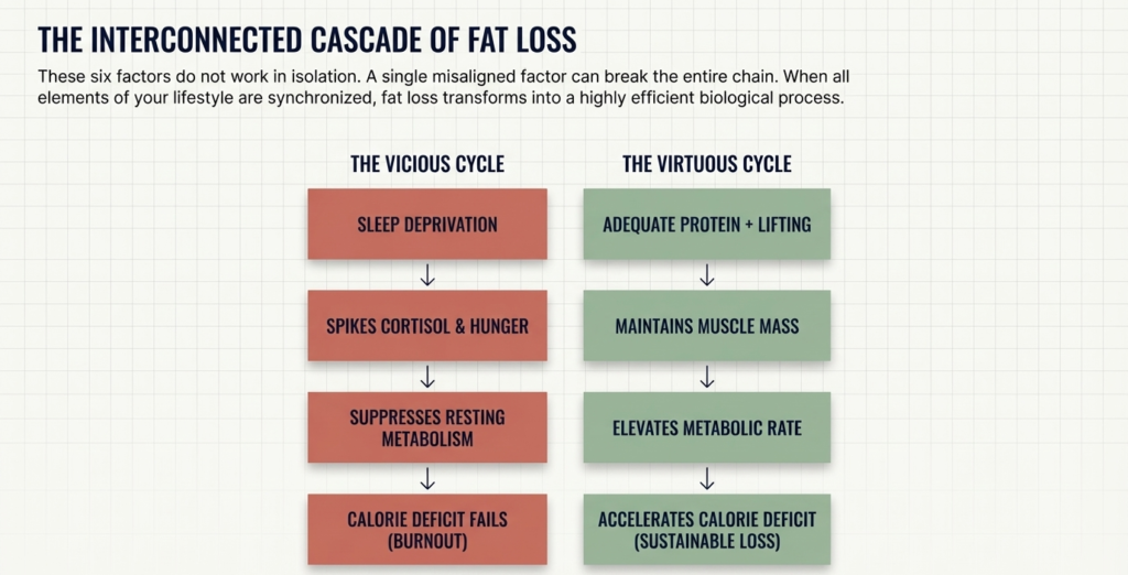 diagram comparing negative cycle of sleep deprivation and positive cycle of protein training and metabolism