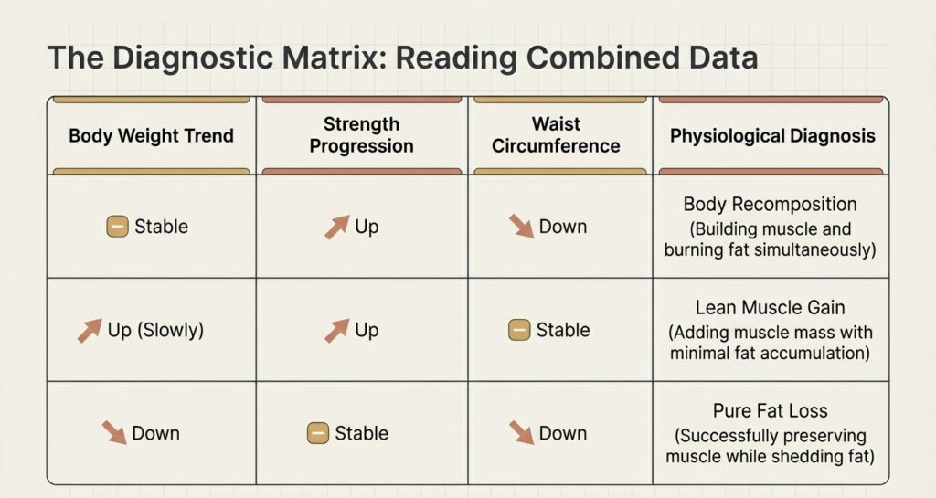 table showing weight strength waist changes and body recomposition analysis