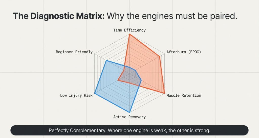 Radar chart comparing HIIT and LISS on efficiency recovery fat loss and injury risk