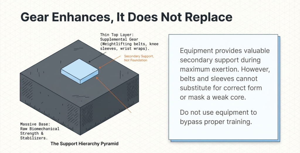 Illustration showing lifting gear as secondary support, not a substitute for proper training