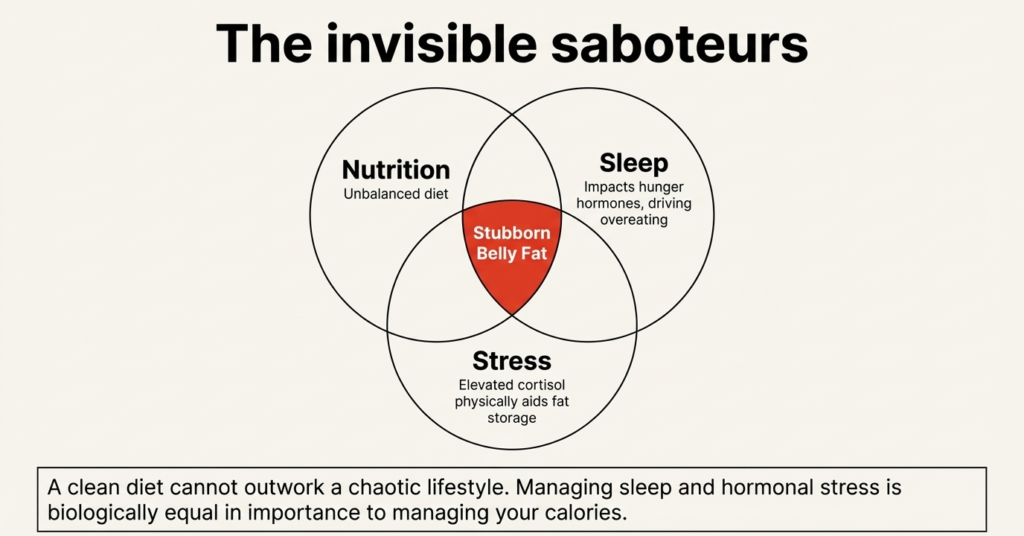 Venn diagram showing stress, sleep, and nutrition impact on belly fat