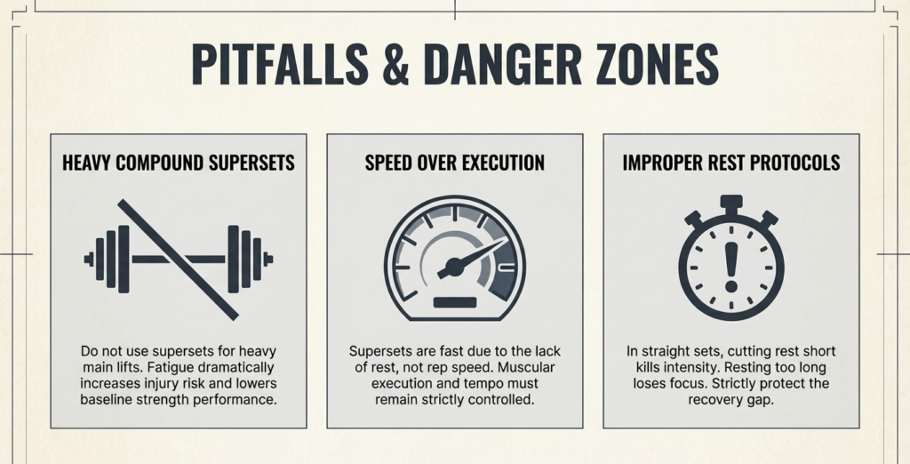 Infographic showing mistakes like heavy compound supersets and improper rest periods