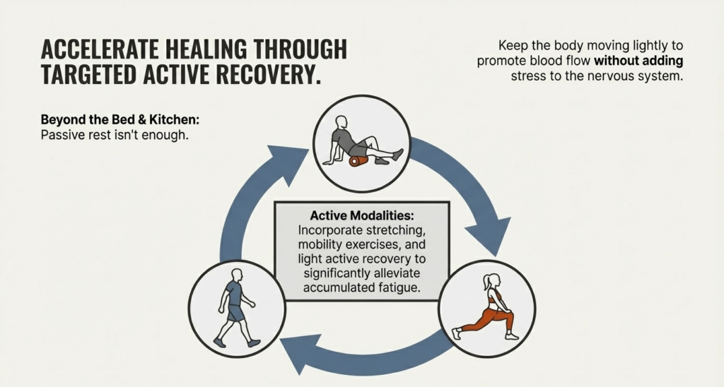 Infographic explaining active recovery methods such as walking, stretching, and foam rolling to improve blood flow and reduce training fatigue.