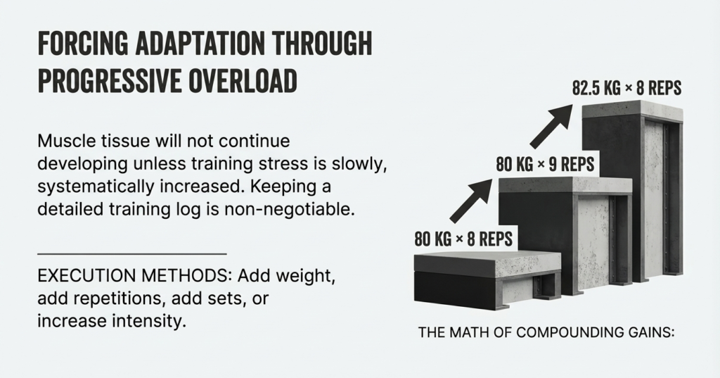 Progressive overload illustration showing gradual increases in weight and reps for strength and muscle hypertrophy
