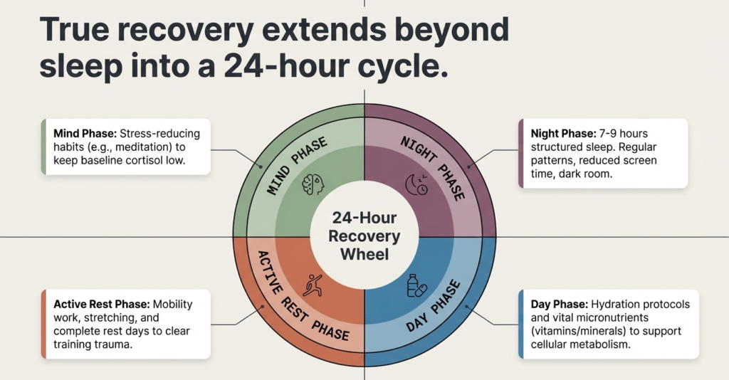 Infographic showing a 24-hour recovery wheel including mind phase, night sleep phase, day nutrition phase, and active rest phase for optimal muscle recovery and fat loss.