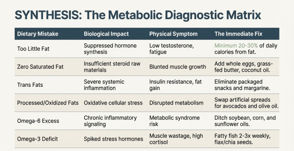 Table infographic explaining six dietary fat mistakes, their biological impact, symptoms like low testosterone and fatigue, and the immediate nutrition fixes.
