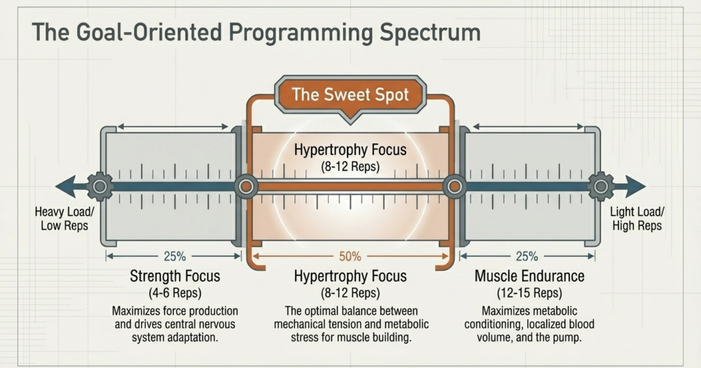 Training spectrum diagram showing strength rep range (4–6), hypertrophy rep range (8–12), and muscle endurance rep range (12–15) used in resistance training.